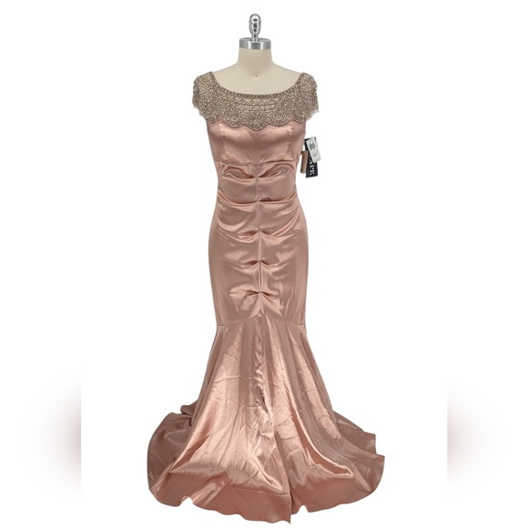 19884 NEW Xscape Beaded Ruched Satin Gown Dress Pink Silver size 8 victorian - Picture 1 of 11